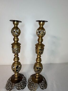Vintage Brass Candlesticks Pair 14” Gothic Hollywood Regency